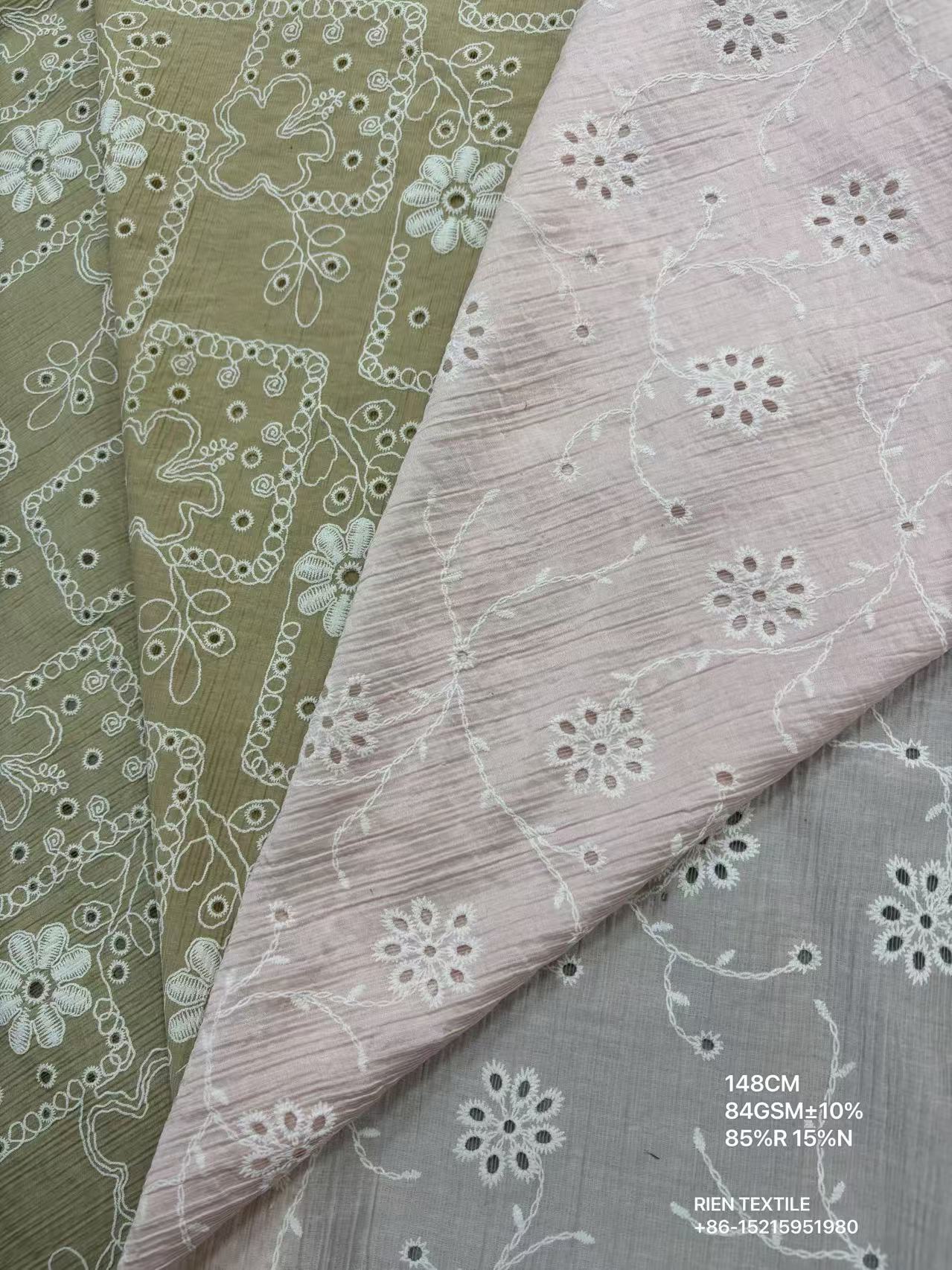 85%R 15%N Rayon Nylon Crinkle Eyelet Embroidery with Puff Printing Fabric