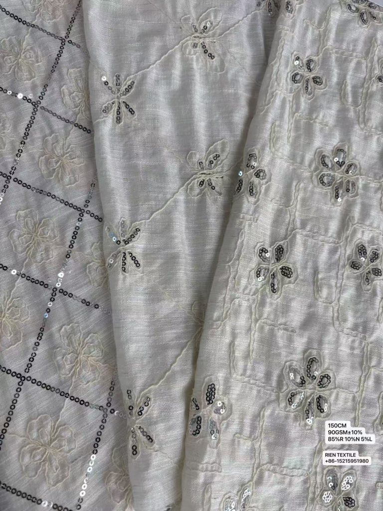 82%R 14%N 4%L Light‑Weight Linen‑Blend Sequined Cord‑Embroidery Fabric