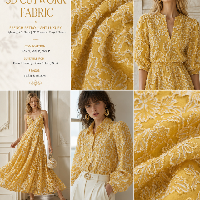 18%NYLON 56%RAYON 26%POLYESTER 3D CUTWORK FRAYED FLORAL FABRIC