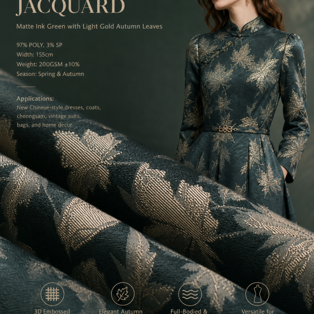 97% POLYESTER 3%SP MATTE DEEP GREEN MAPLE LEAF JACQUARD FABRIC