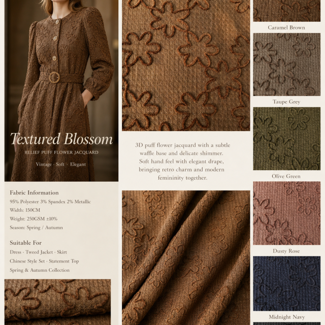95%POLYESTER 3%SP 2%METALLIC FIBER 3D FLORAL EMBROIDERED JACQUARD FABRIC