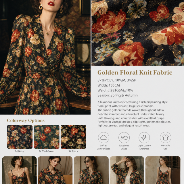87%POLYESTER 10%MODAL 3%SP GOLDEN FLORAL KNIT FABRIC