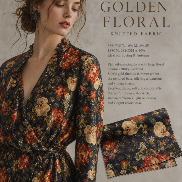 87%POLYESTER 10%MODAL 3%SP GOLDEN FLORAL KNIT FABRIC