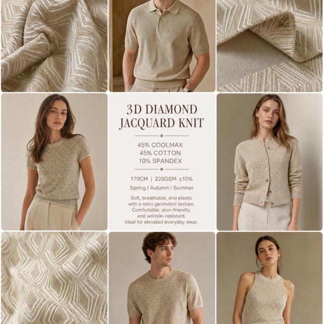 45% COOLMAX 45%COTTON 10%SP 3D DIAMOND GEOMETRIC JACQUARD KNIT FABRIC