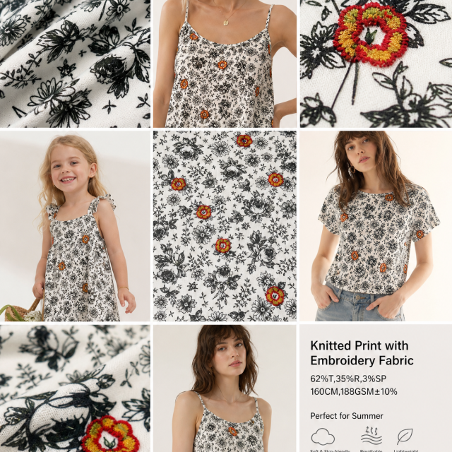 62% POLYESTER 35%RAYON 3%SP KNIT PRINT WITH EMBROIDERY FABRIC