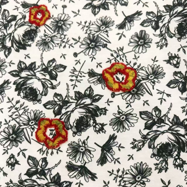 62% POLYESTER 35%RAYON 3%SP KNIT PRINT WITH EMBROIDERY FABRIC