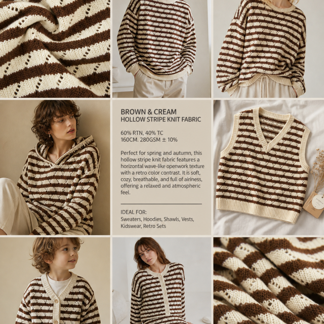 60%RAYON 40%COTTON BROWN&CREAM HOLLOW STRIPE KNIT FABRIC