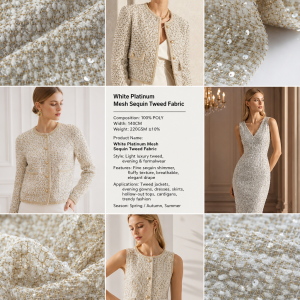 100% POLY WHITE PLATINUM MESH SEQUIN TWEED