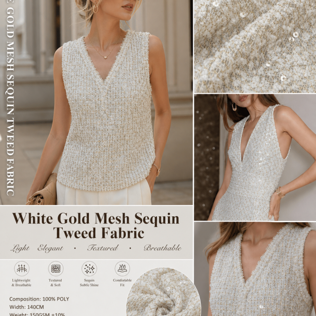 100% POLY WHITE PLATINUM MESH SEQUIN TWEED