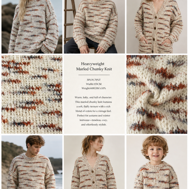30%WOOL 70%POLYESTER HEAVYWEIGHT MARLED CHUNKY KNIT FABRIC