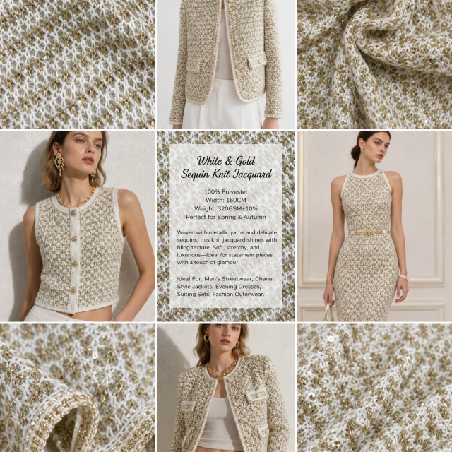 100% POLYESTER WHITE&GOLD SEQUIN KNIT JACQUARD FABRIC