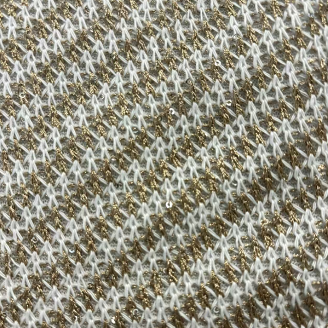 100% POLYESTER WHITE&GOLD SEQUIN KNIT JACQUARD FABRIC
