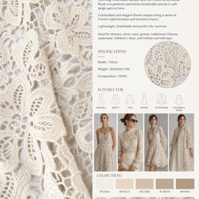 100% COTTON RETRO BIG FLORAL WATER-SOLUBLE LACE