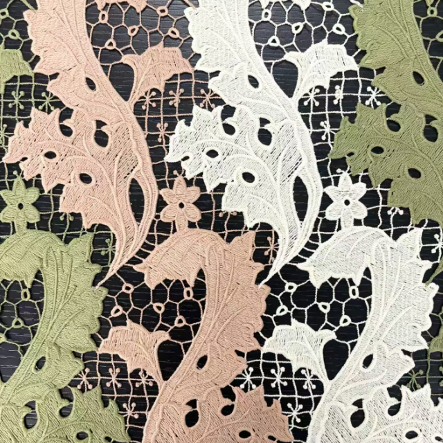 100% POLYESTER TRI-COLOR EMBROIDERY LACE FABRIC