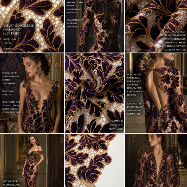 97% POLYESTER 3%SP VELVET EMBROIDERED HOLLOW-OUT LACE FABRIC