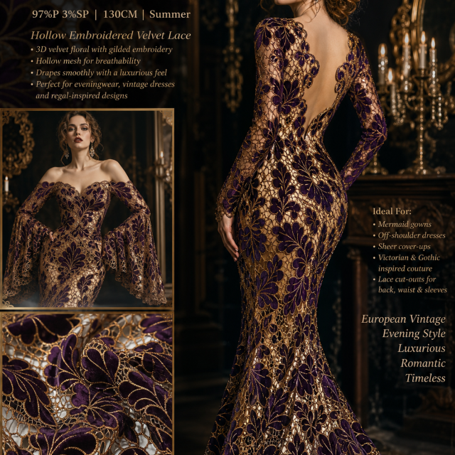 97% POLYESTER 3%SP VELVET EMBROIDERED HOLLOW-OUT LACE FABRIC