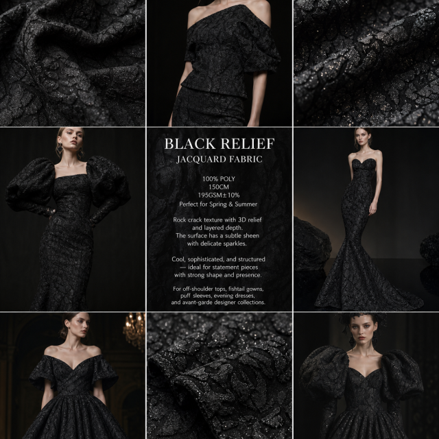 100% POLYESTER BLACK RELIEF JACQUARD FABRIC