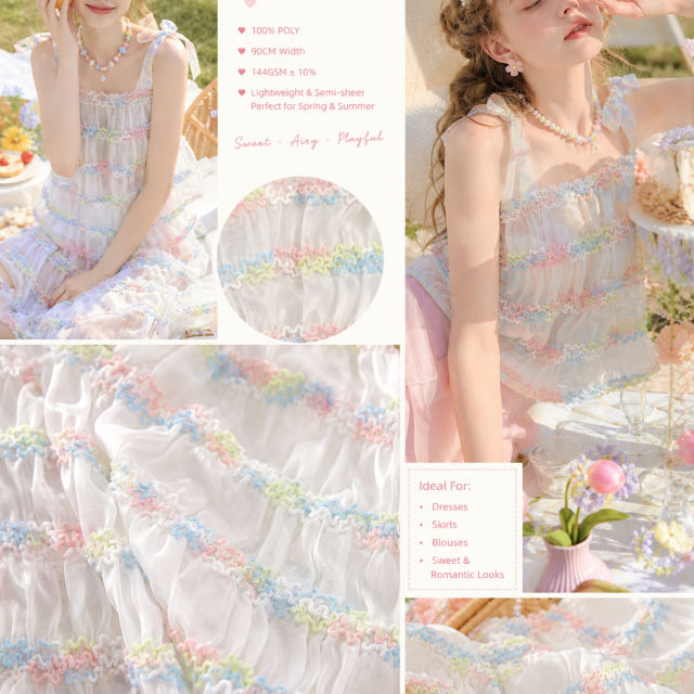 100% POLYESTER WAVE EMBROIDERED RUCHED ORGANZA FABRIC