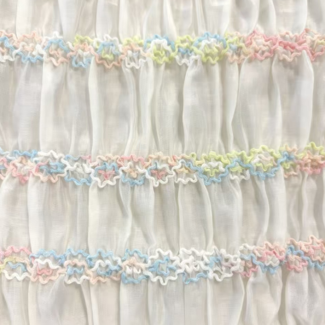 100% POLYESTER WAVE EMBROIDERED RUCHED ORGANZA FABRIC