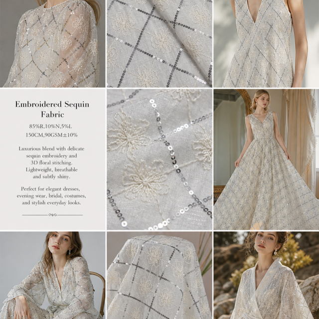 85%RAYON 10%NYLON 5%LINEN EMBROIDERED SEQUIN FABRIC