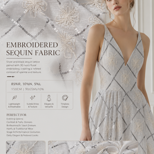 85%RAYON 10%NYLON 5%LINEN EMBROIDERED SEQUIN FABRIC
