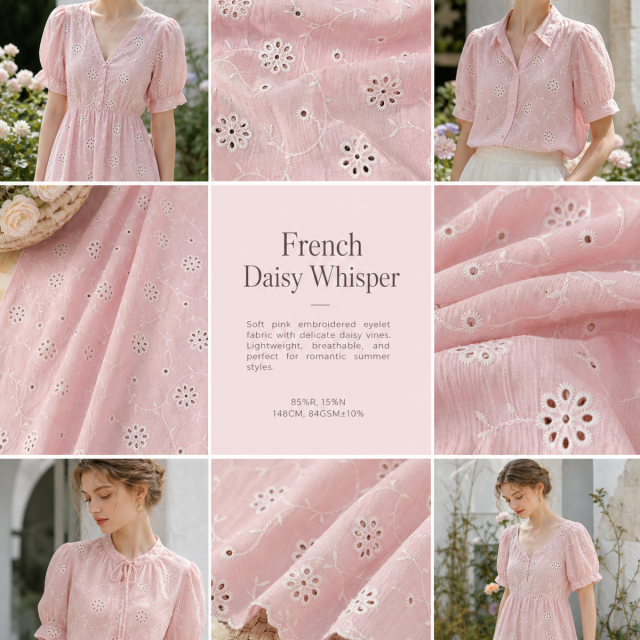 85% RAYON 15%NYLON SOFT-PINK DAISY-VINE EMBROIDERED EYELET FABRIC