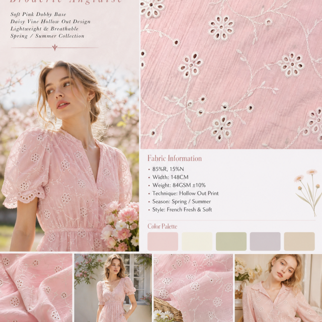 85% RAYON 15%NYLON SOFT-PINK DAISY-VINE EMBROIDERED EYELET FABRIC