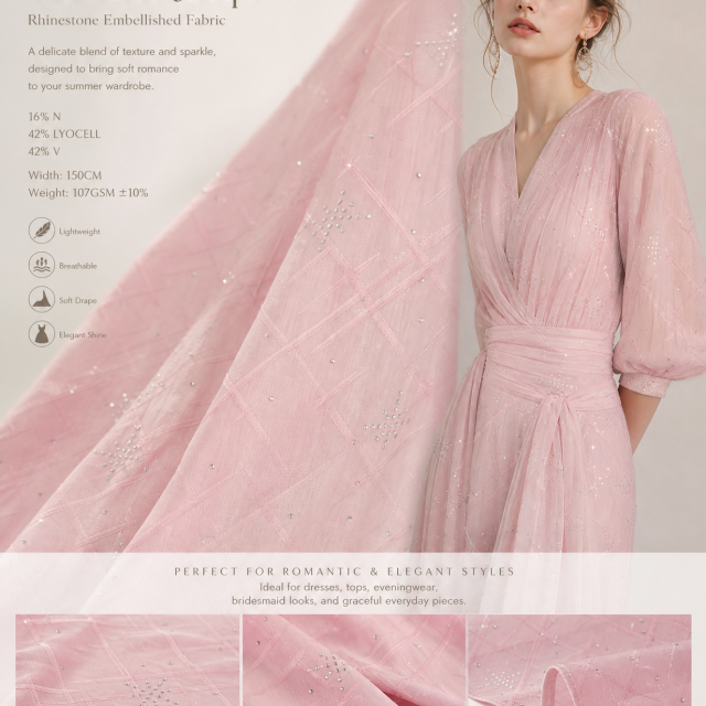 16%NYLON  42%LYOCELL 42%VISCOSE SOFT PINK DIAMOND JACQUARD RHINESTONE FABRIC