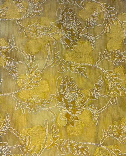 85% RAYON 15% NYLON GOLDEN FLORAL EMBROIDERED JACQUARD ORGANZA FABRIC
