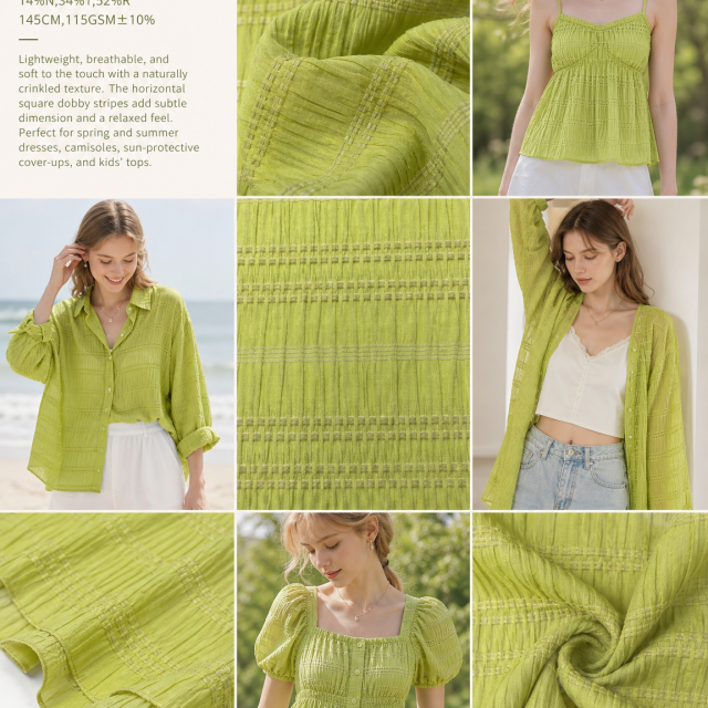 14%NYLON 34%POLYESTER 52%RAYON HORIZONTAL-SQUARE DOBBY-STRIPED FABRIC