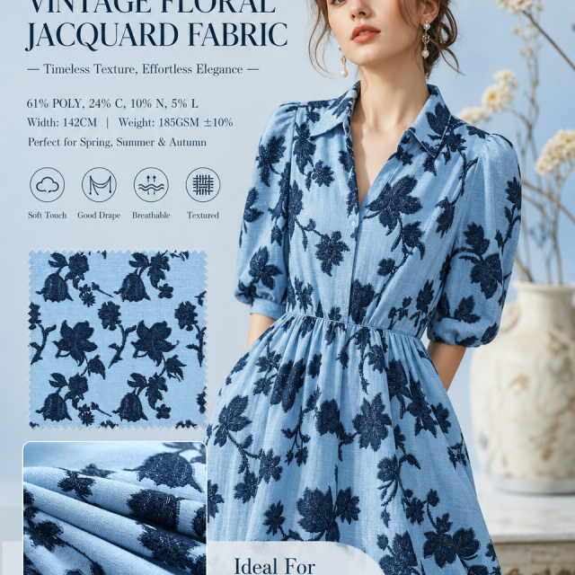 61% POLYESTER 24% COTTON 10%NYLON 5%LINEN VINTAGE FLORAL JACQUARD FABRIC