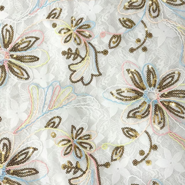 97%POLYESTER 3%SP FLORAL EMBROIDERY SEQUIN LACE FABRIC