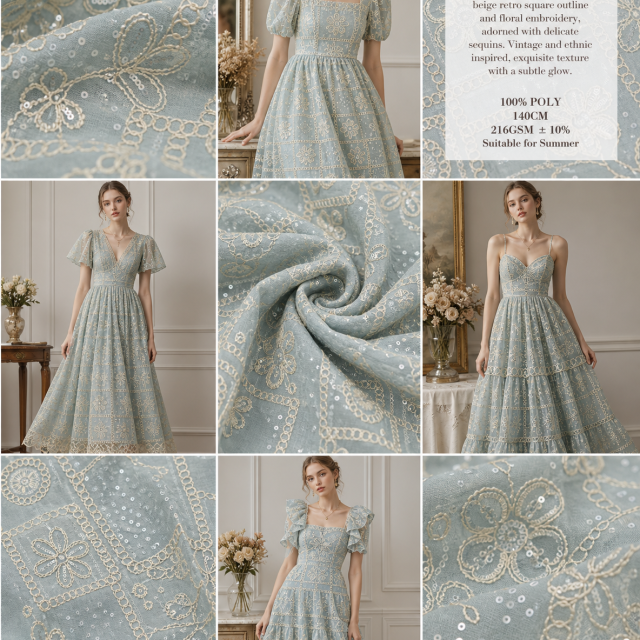100% POLYESTER VINTAGE FLORAL EMBROIDERED FABRIC WITH DELICATE SEQUINS