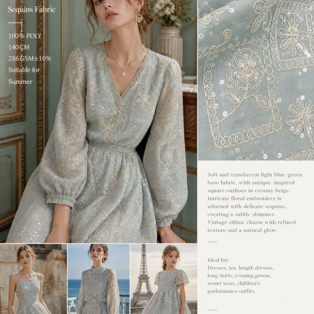 100% POLYESTER VINTAGE FLORAL EMBROIDERED FABRIC WITH DELICATE SEQUINS