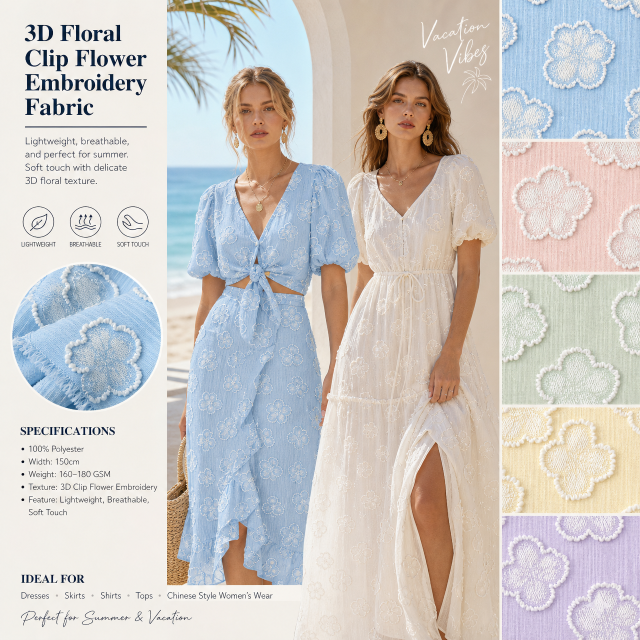 100% POLYESTER 3D CUT-FLOWER FABRIC WITH FRINGED EDGES