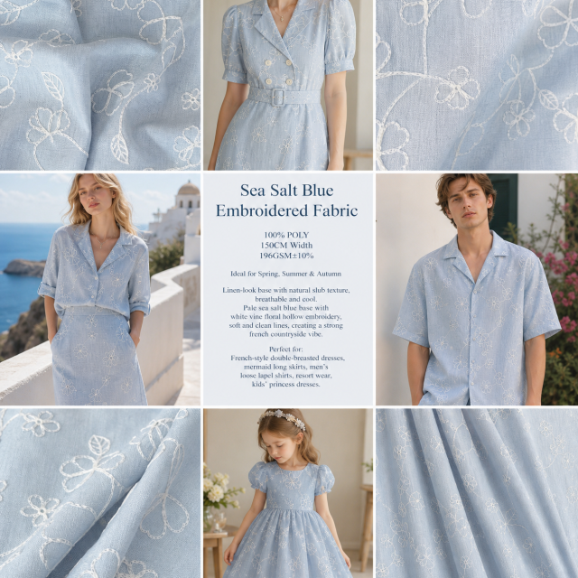 100%POLYESTER SEA SALT BLUE EMBROIDERED FABRIC