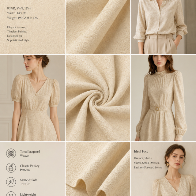 80%RAYON 8%NYLON12%POLY BEIGE TONAL PAISLEY JACQUARD FABRIC