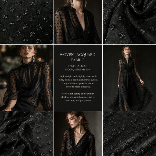 97%POLYESTER 3%SP WOVEN JACQUARD FABRIC WITH FUZZY SHIMMER POLKA DOT