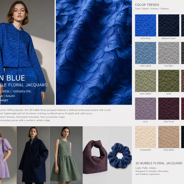 100% POLYESTER KLEIN BLUE 3D BUBBLE FLORAL JACQUARD FABRIC