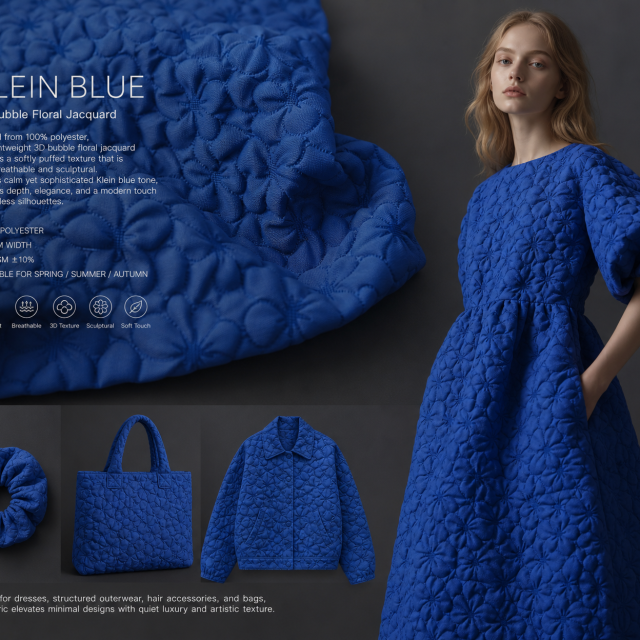 100% POLYESTER KLEIN BLUE 3D BUBBLE FLORAL JACQUARD FABRIC