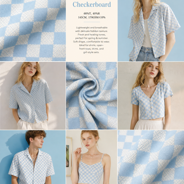 60% POLYESTER 40%RAYON ICE BLUE CHECKERBOARD JACQUARD FABRIC