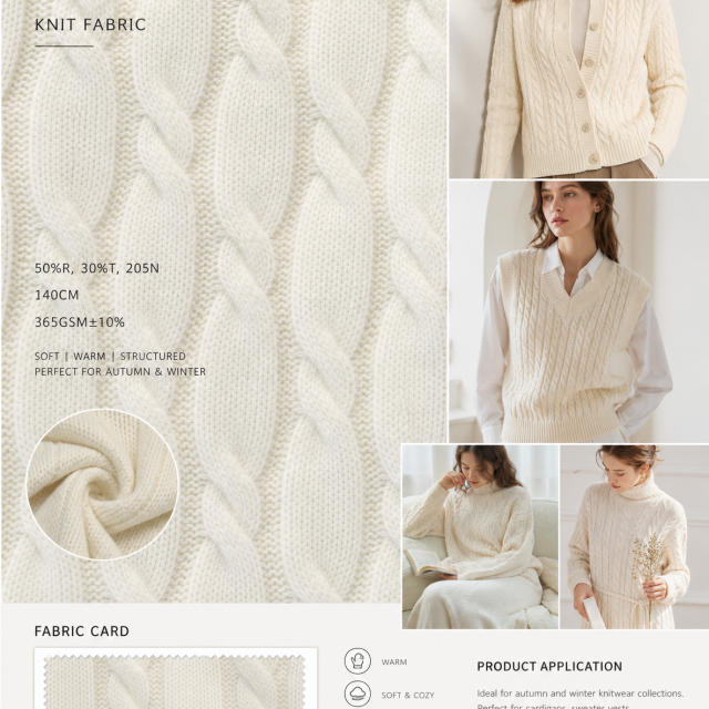 50%RAYON 30%POLYESTER 20%NYLON CABLE KNIT FABRIC